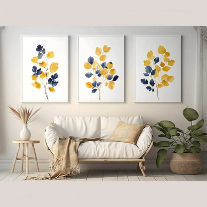Mustard Yellow & Navy Blue Wall Art Leaf Bouquet Wall Frames