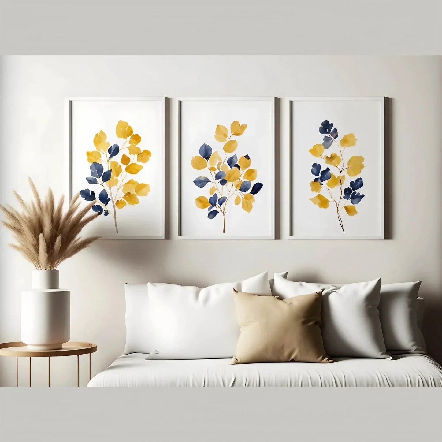 Mustard Yellow & Navy Blue Wall Art Leaf Bouquet Wall Frames