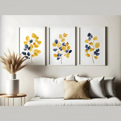 Mustard Yellow & Navy Blue Wall Art Leaf Bouquet Wall Frames