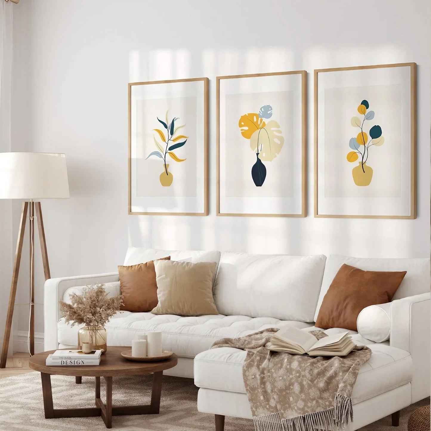 Mustard Navy Blue and Light Blue Mid Century Wall Art Modern Wall Frames