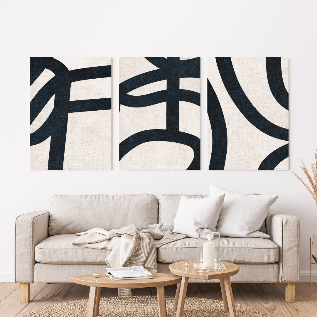 Contour – Bold Minimal Line Abstract in Black on Off White Trio - Wall Art Set of 3