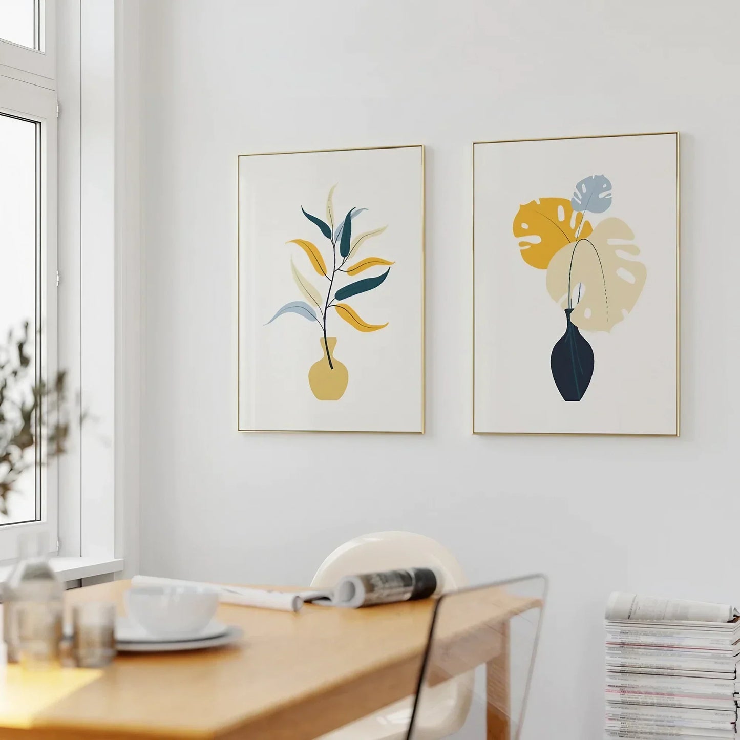 Mustard Navy Blue and Light Blue Mid Century Wall Art Modern Wall Frames