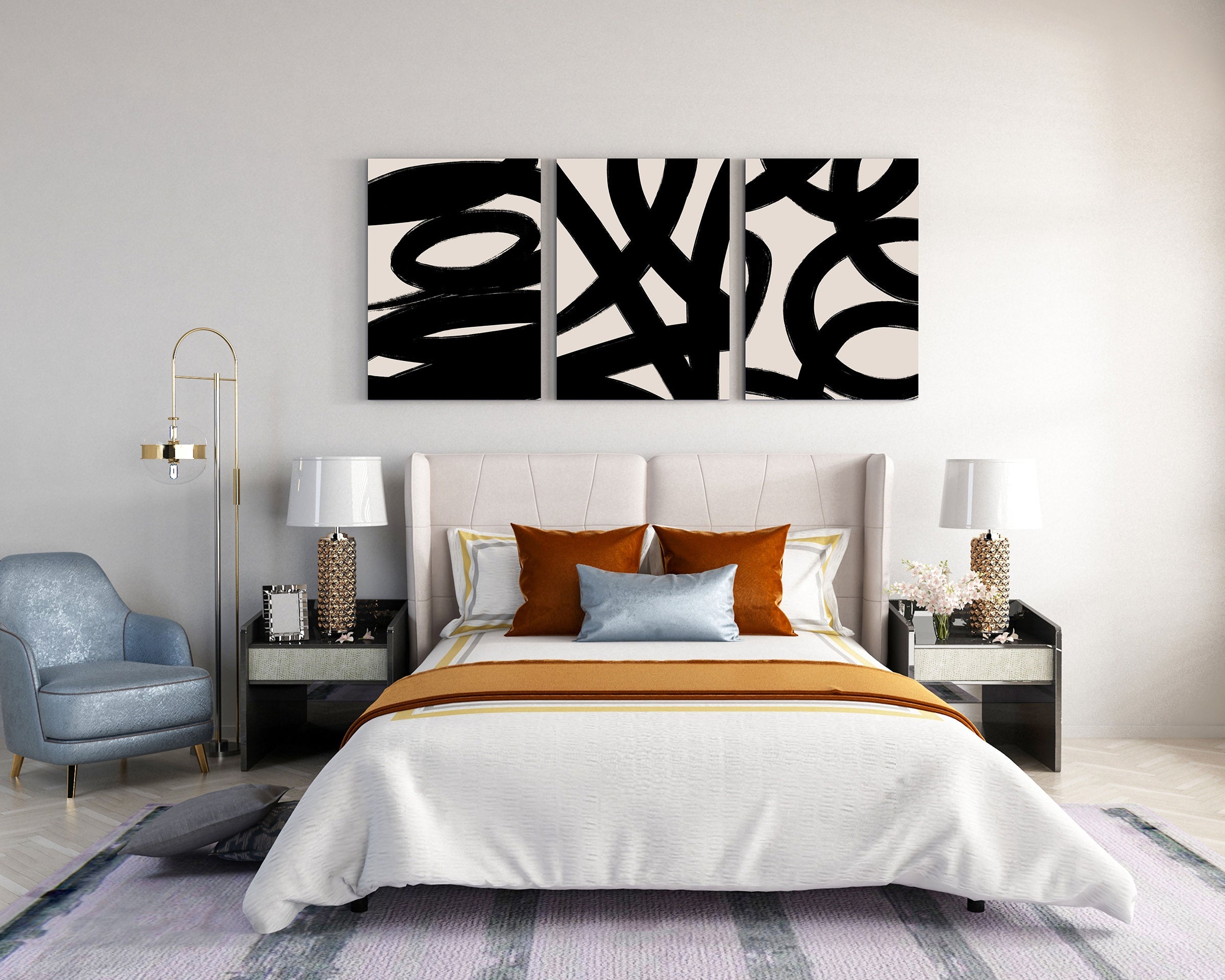 Bold Ink Loops Trio – Set of 3 Abstract Black Brushstroke Wall Art Prints