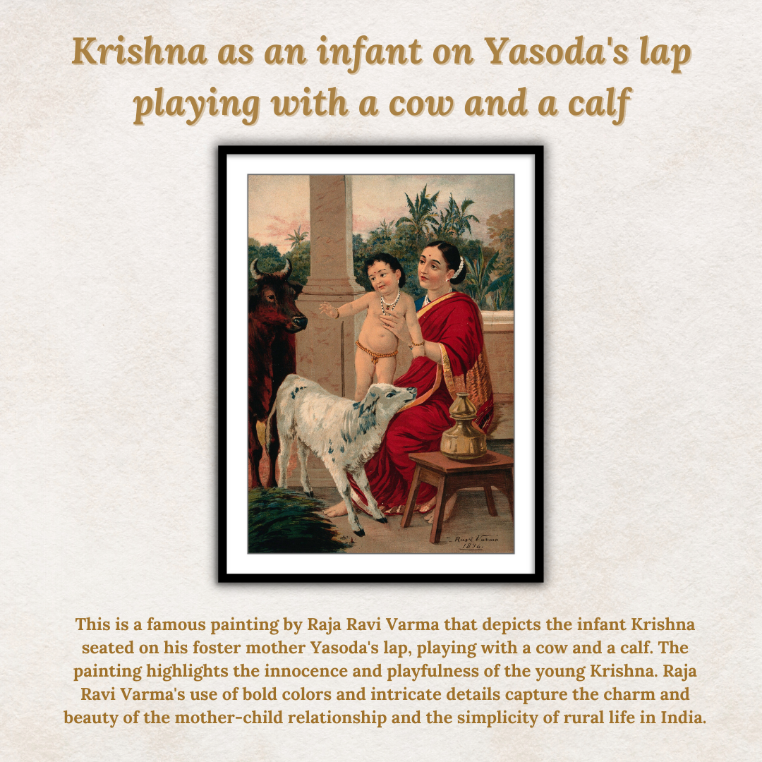 Krishna as an infant on Yasoda's lap playing with a cow and a calf by Raja Ravi Varma Wall Art