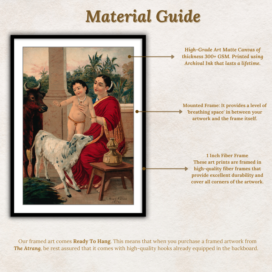 Krishna as an infant on Yasoda's lap playing with a cow and a calf by Raja Ravi Varma Wall Art