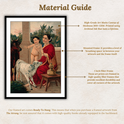 Krishna as an infant on Yasoda's lap playing with a cow and a calf by Raja Ravi Varma Wall Art