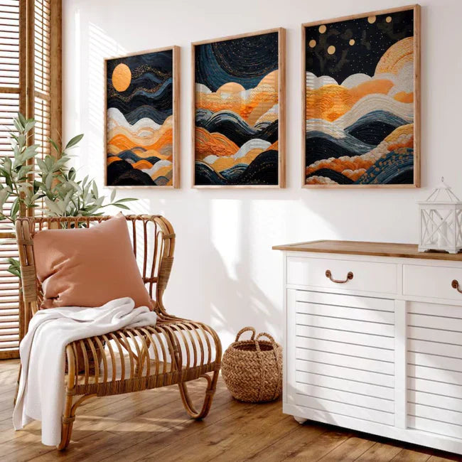 Orange And Blue Modern Neutral Abstract Wall Art Set of 3 Wall Frames