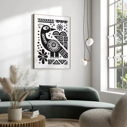 Cute Black and White Folk Bird Wall Frame