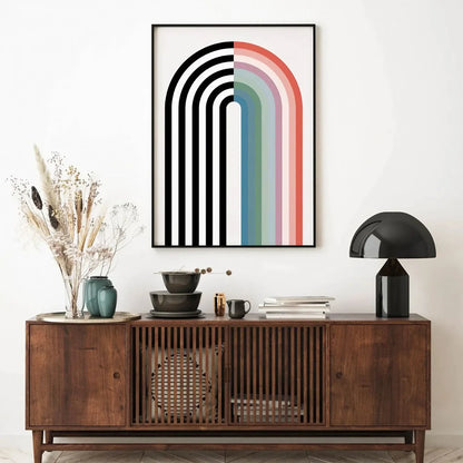 Modern Rainbow Decor Black and White Art Mid Century Wall Frame