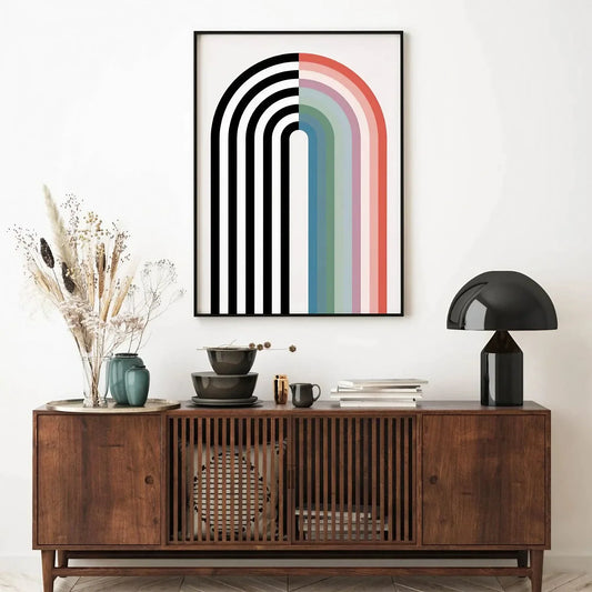 Modern Rainbow Decor Black and White Art Mid Century Wall Frame