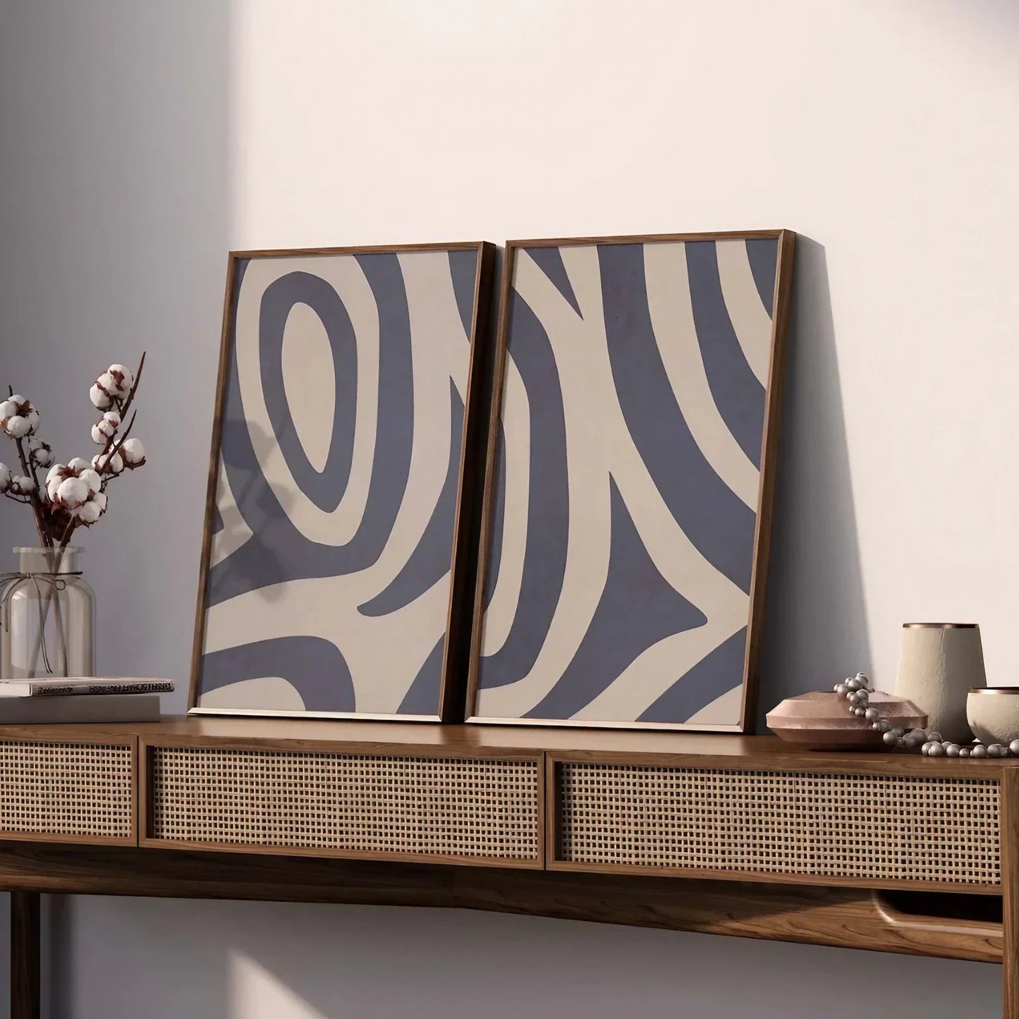 Blue Gray Abstract Art Set of 2 Tribal Pattern Decor Art Wall Frame