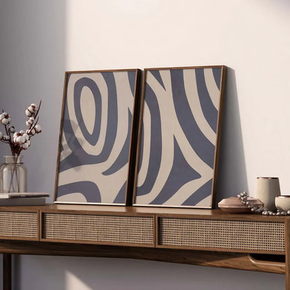 Blue Gray Abstract Art Set of 2 Tribal Pattern Decor Art Wall Frame