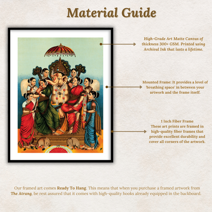 Ganesha and his Two Wives, Siddhi and Buddhi, Surrounded by Attendants Framed Wall Art