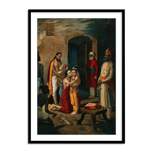 Krishna freeing his parents (Vasudeo and Devki) from prison by Raja Ravi Varma Wall Art Painting