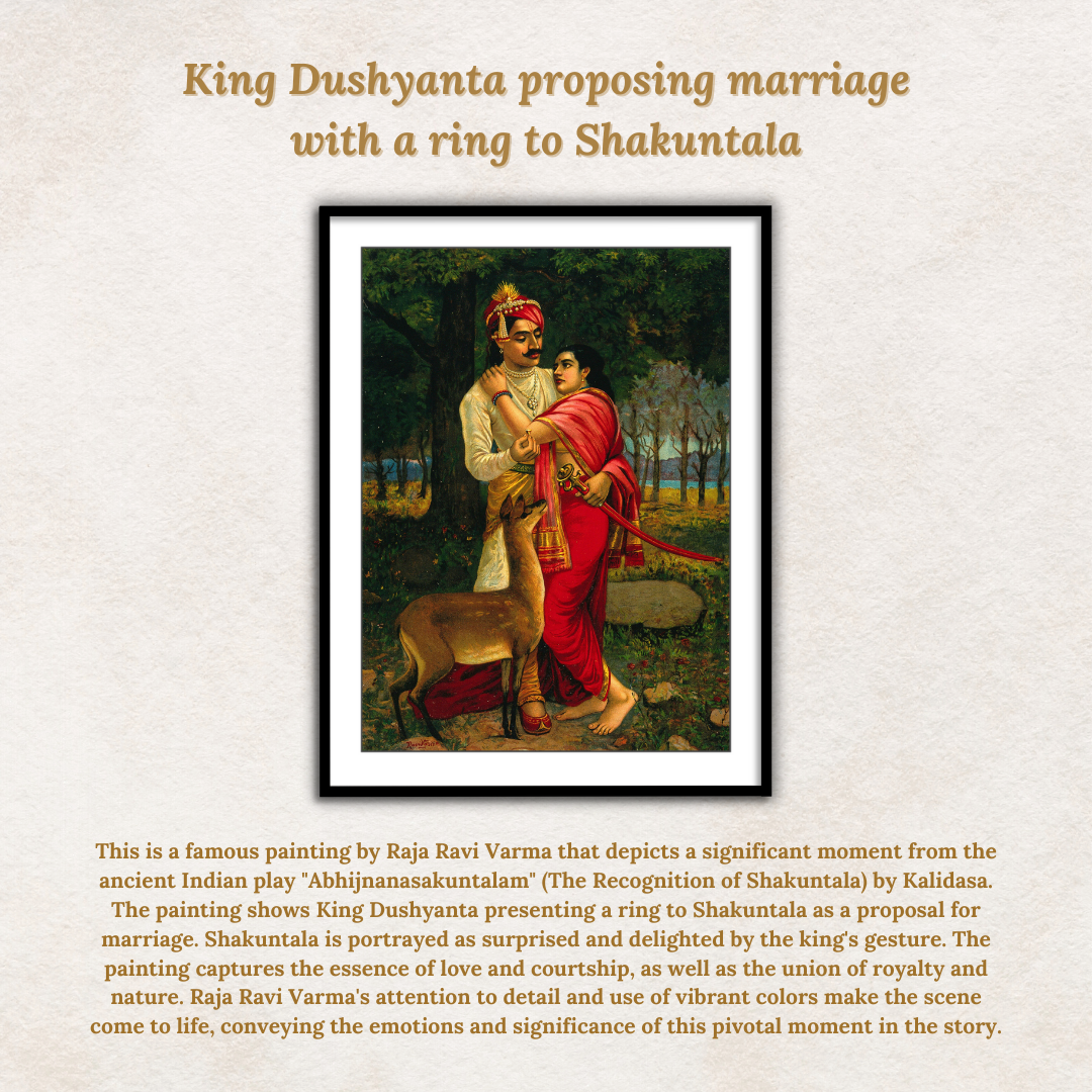 King Dushyanta proposing marriage with a ring to Shakuntala by Raja Ravi Varma Wall Art Painting for Home Decor 