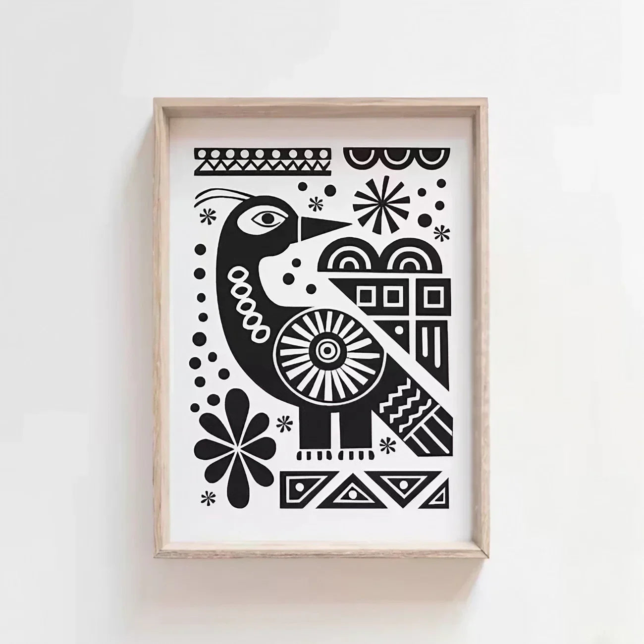 Cute Black and White Folk Bird Wall Frame