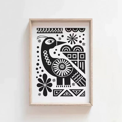 Cute Black and White Folk Bird Wall Frame