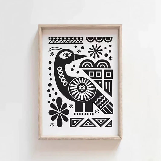 Cute Black and White Folk Bird Wall Frame