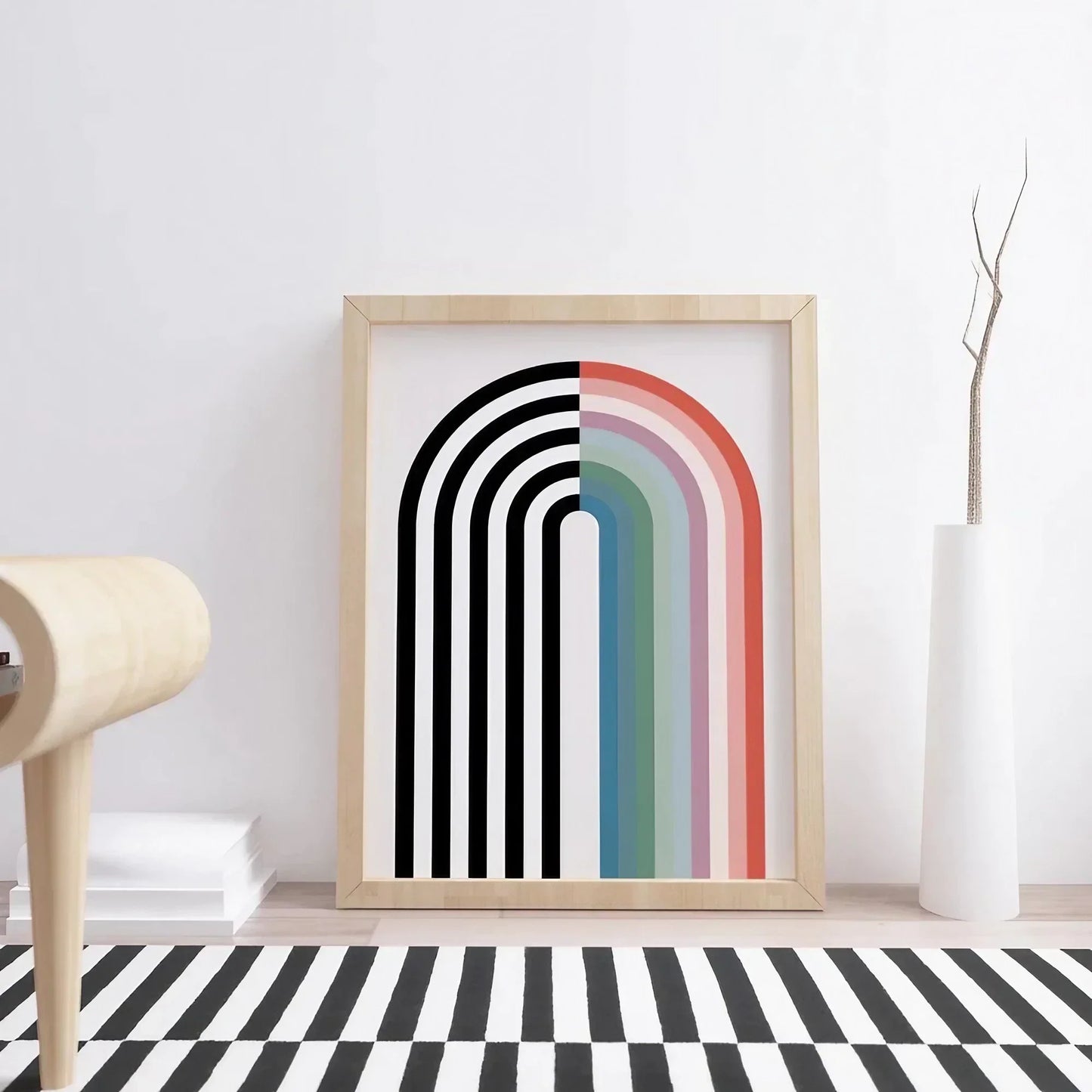 Modern Rainbow Decor Black and White Art Mid Century Wall Frame