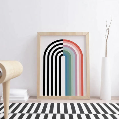 Modern Rainbow Decor Black and White Art Mid Century Wall Frame