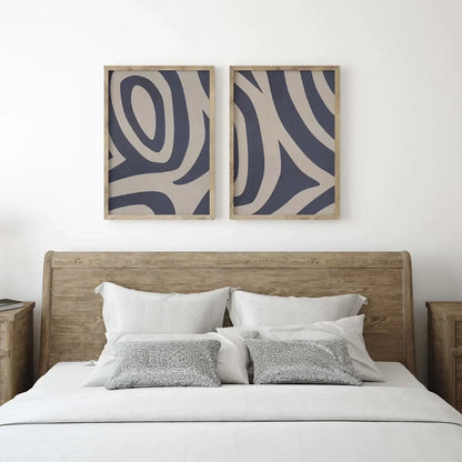 Blue Gray Abstract Art Set of 2 Tribal Pattern Decor Art Wall Frame