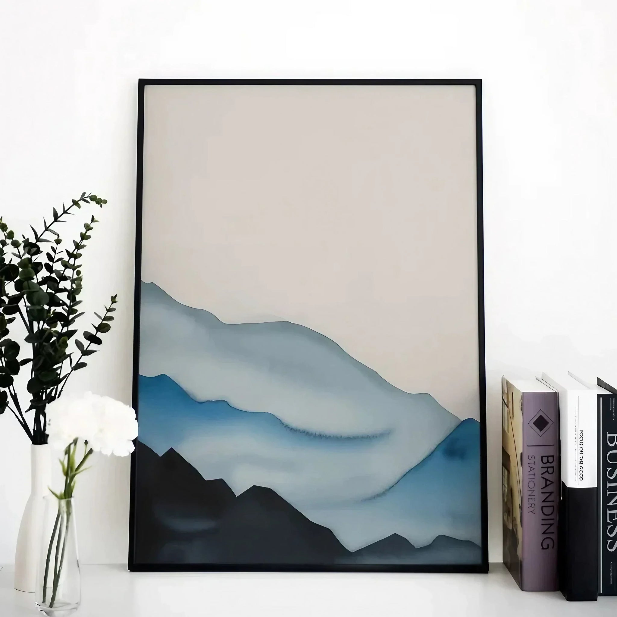 Watercolor blue mountains minimalist abstract Wall Frame