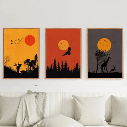 Boho Animal Set of 3 Safari Sun Set Wall Art