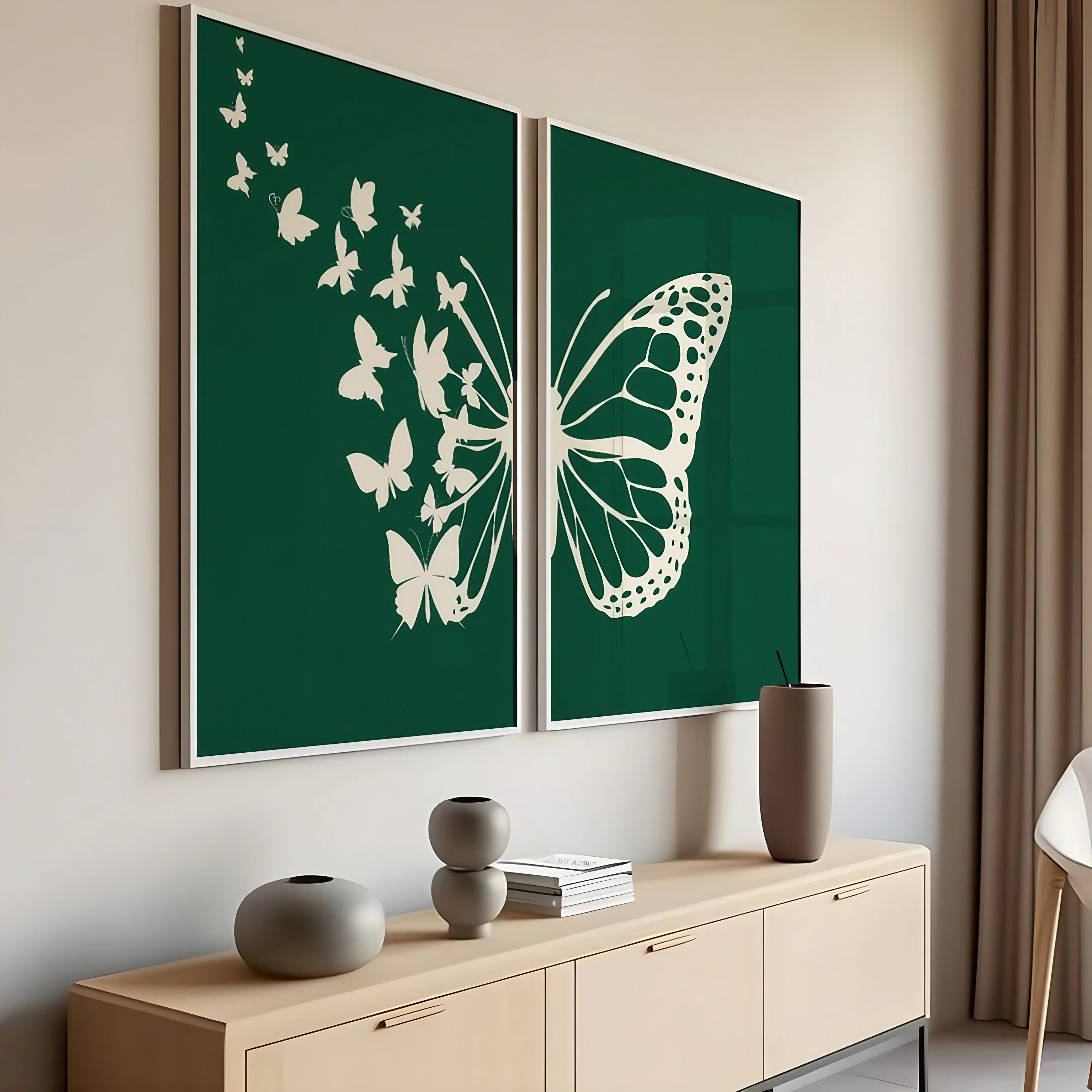 Abstract Botanical Butterfly Saga Green Bedroom Wall Decor Wall Art Frames