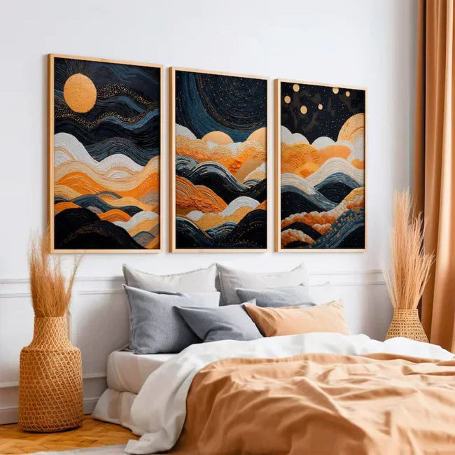 Orange And Blue Modern Neutral Abstract Wall Art Set of 3 Wall Frames