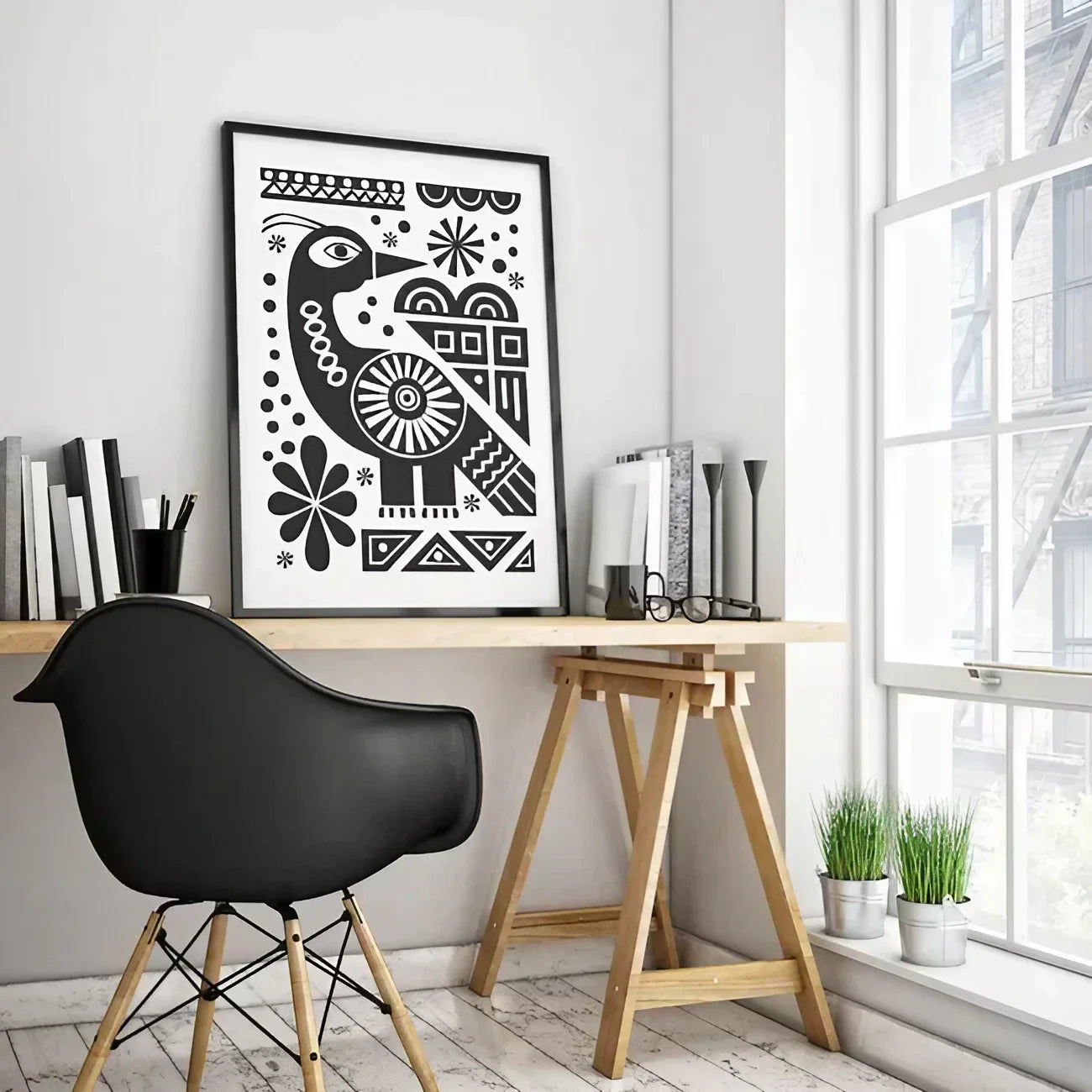 Cute Black and White Folk Bird Wall Frame
