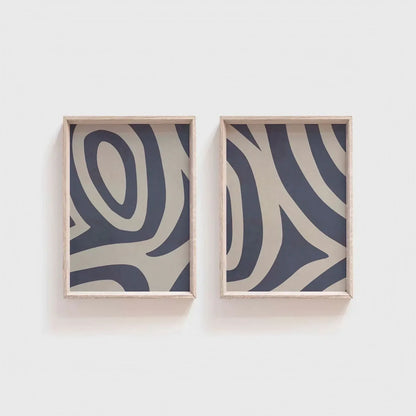 Blue Gray Abstract Art Set of 2 Tribal Pattern Decor Art Wall Frame