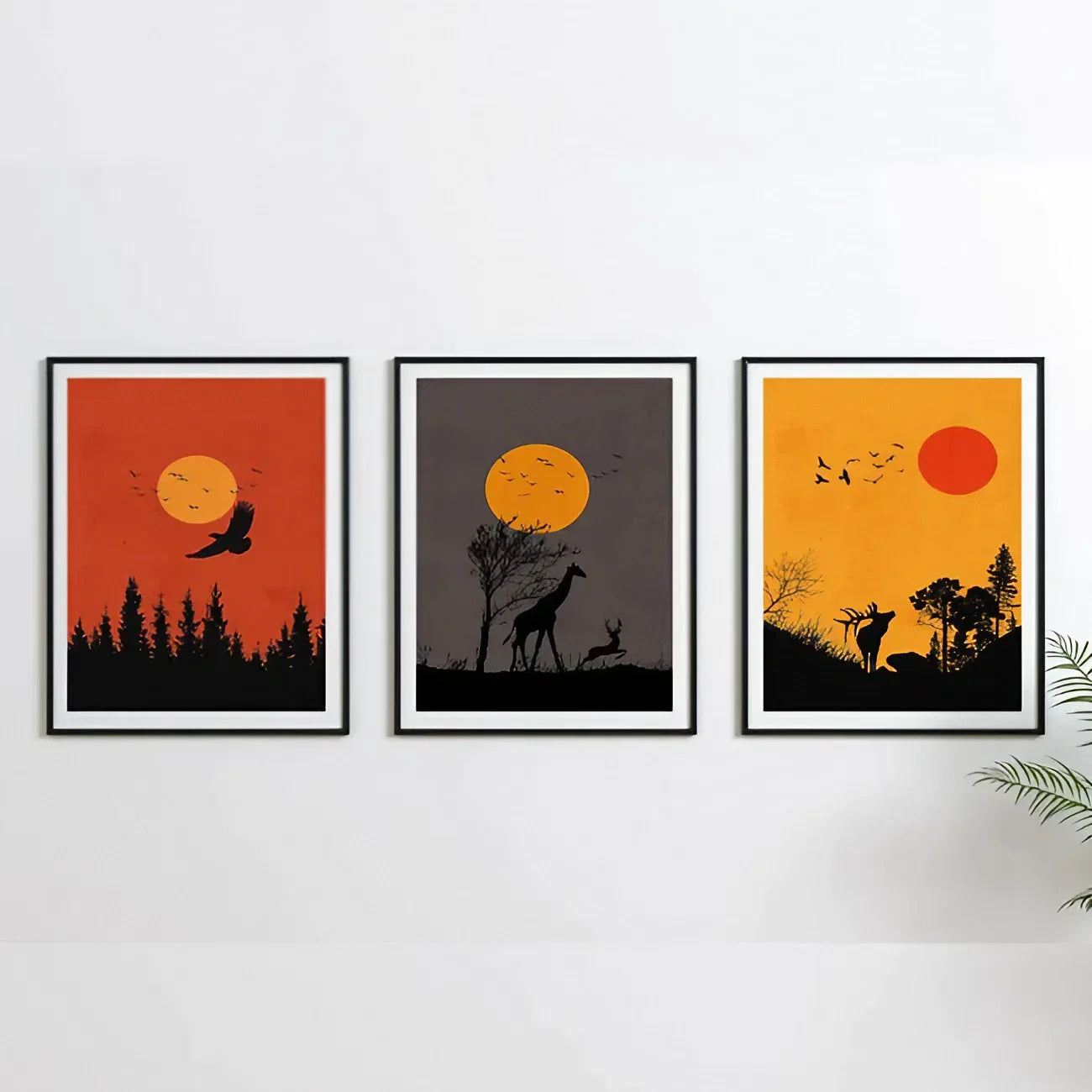 Boho Animal Set of 3 Safari Sun Set Wall Art