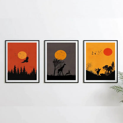 Boho Animal Set of 3 Safari Sun Set Wall Art