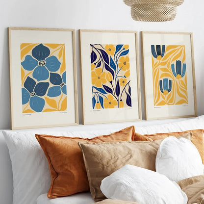 Mustard Navy Blue Botanical Mid Century Modern Wall Art Set of 3 Wall Frames