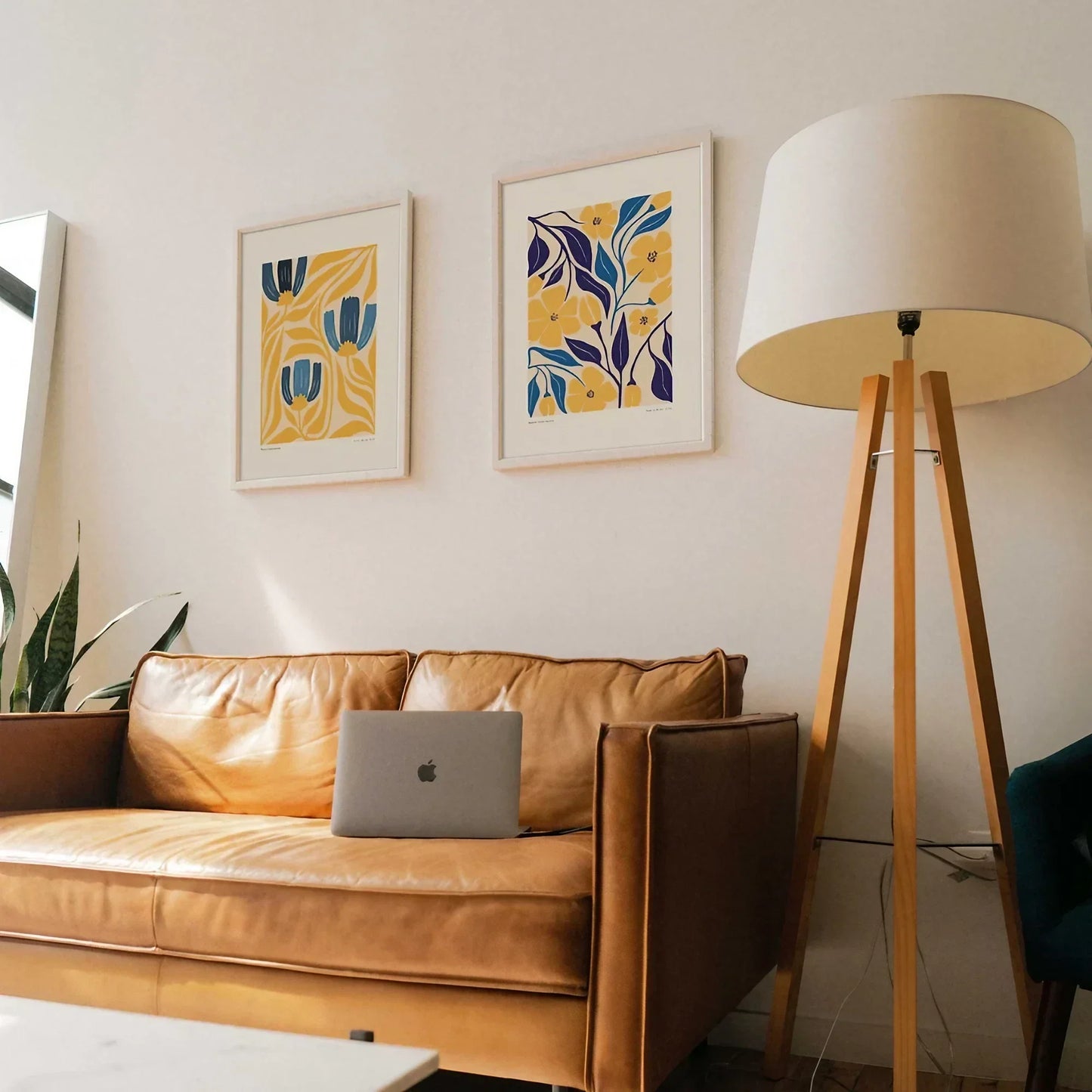 Mustard Navy Blue Botanical Mid Century Modern Wall Art Set of 3 Wall Frames