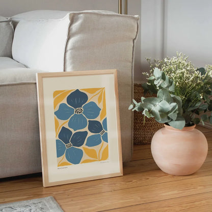 Mustard Navy Blue Botanical Mid Century Modern Wall Art Set of 3 Wall Frames
