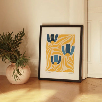 Mustard Navy Blue Botanical Mid Century Modern Wall Art Set of 3 Wall Frames
