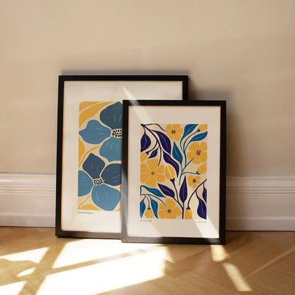 Mustard Navy Blue Botanical Mid Century Modern Wall Art Set of 3 Wall Frames