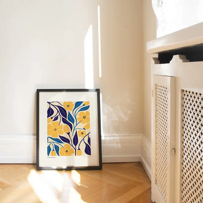 Mustard Navy Blue Botanical Mid Century Modern Wall Art Set of 3 Wall Frames