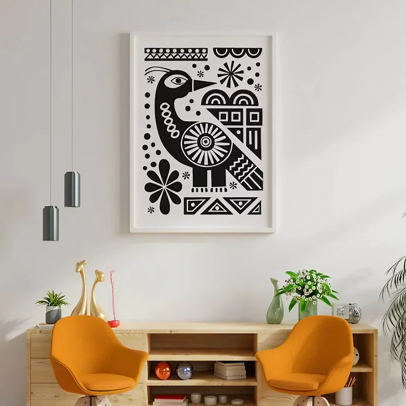 Cute Black and White Folk Bird Wall Frame