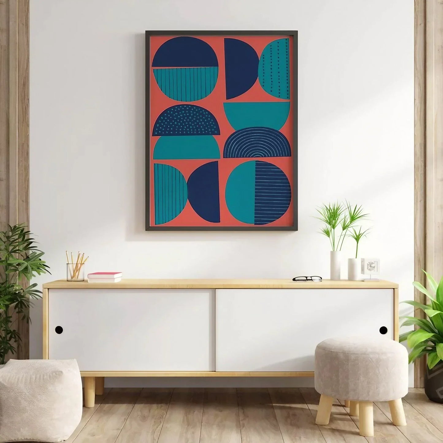 Fun Mid Century Mod Wall Art Pink and Blue Aesthetic Wall Frame