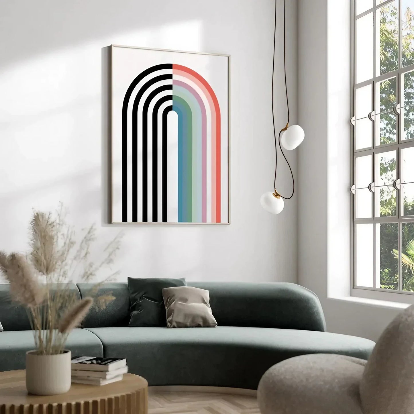 Modern Rainbow Decor Black and White Art Mid Century Wall Frame