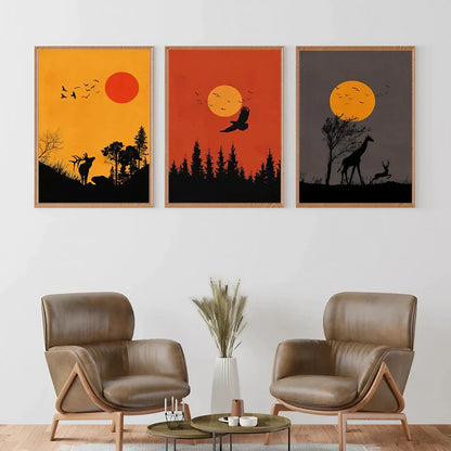 Boho Animal Set of 3 Safari Sun Set Wall Art