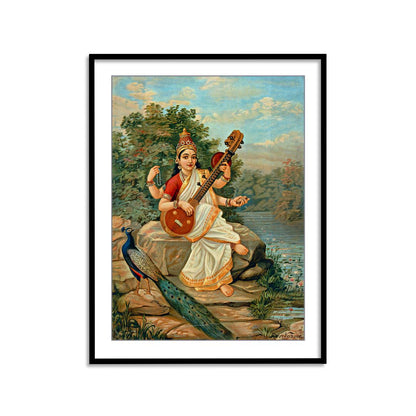 Goddess Lakshmi, Saraswati & Shiv Parivar by Ravi Varma - Set of 3 Wall Paintings