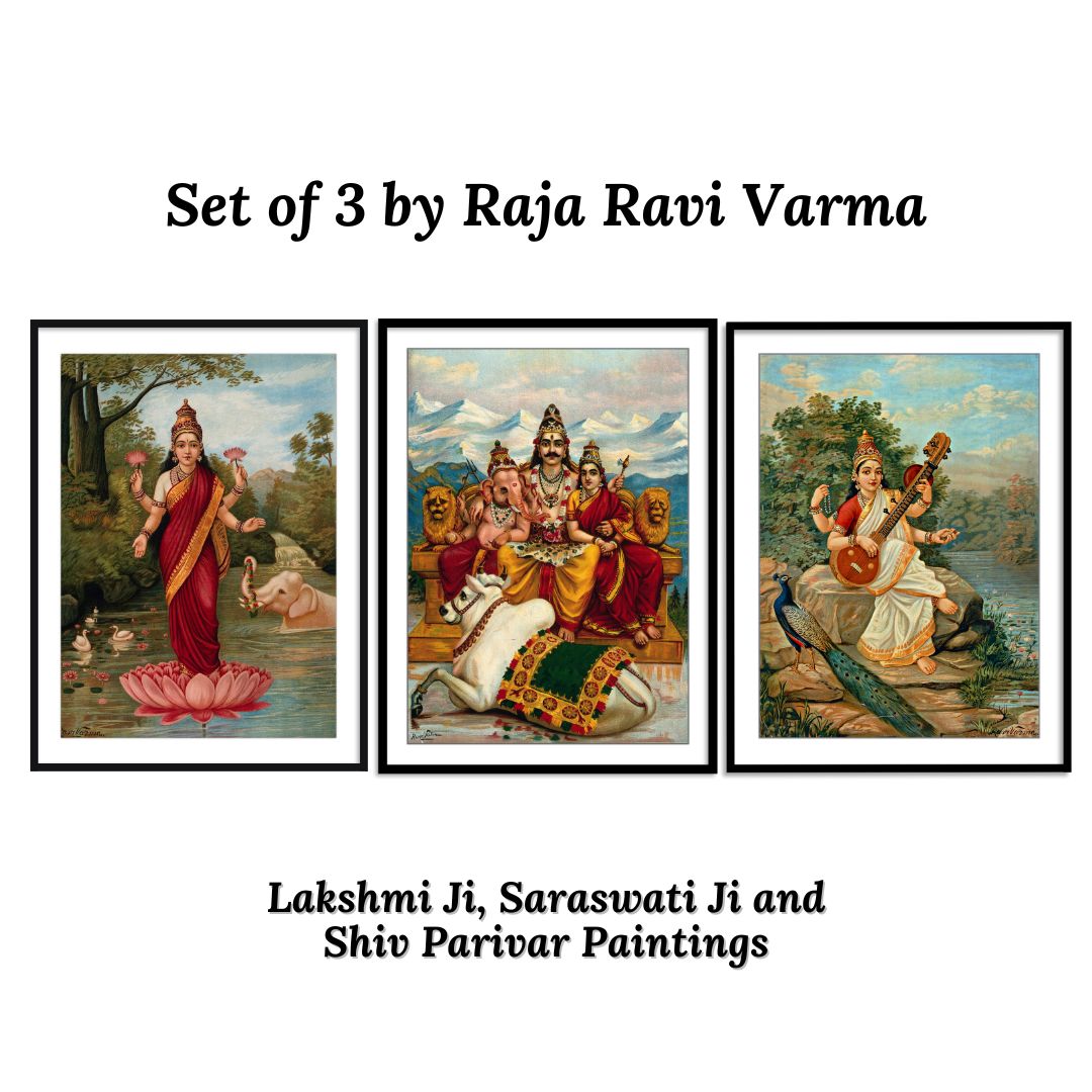 Goddess Lakshmi, Saraswati & Shiv Parivar by Ravi Varma - Set of 3 Wall Paintings