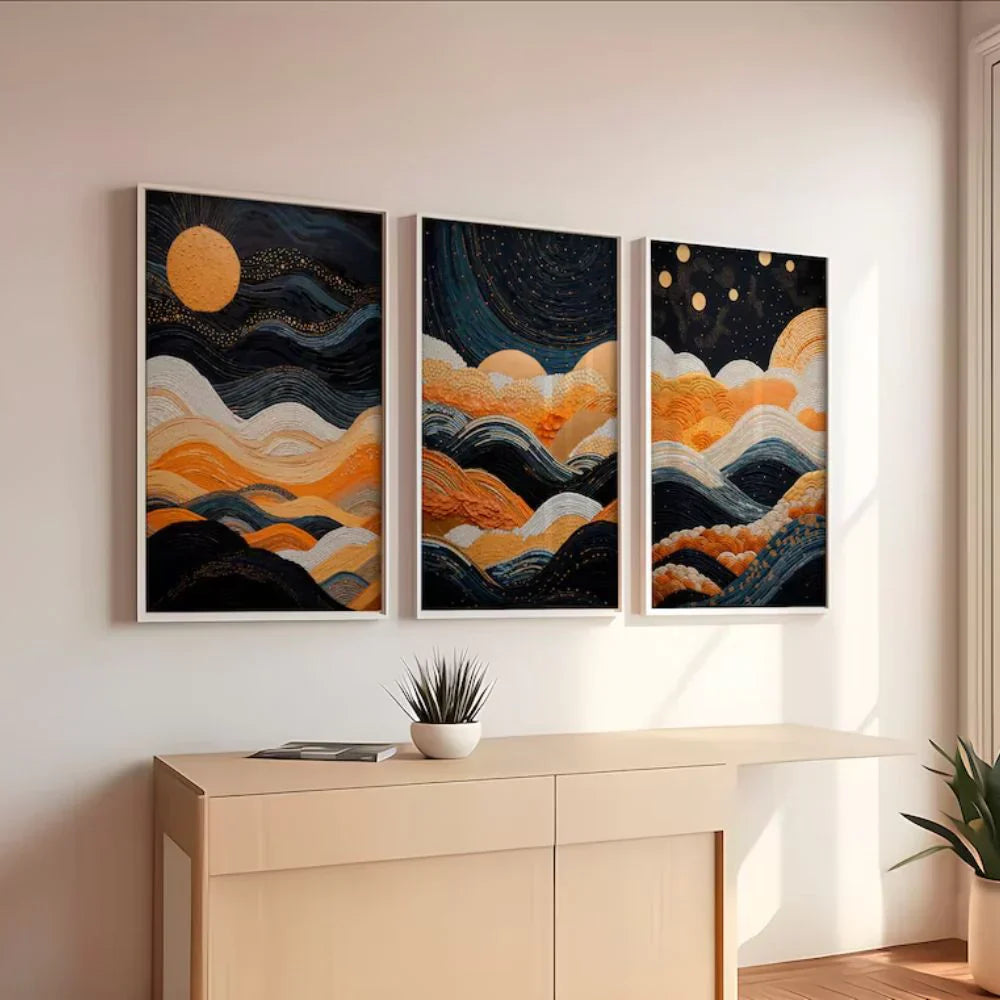 Orange And Blue Modern Neutral Abstract Wall Art Set of 3 Wall Frames