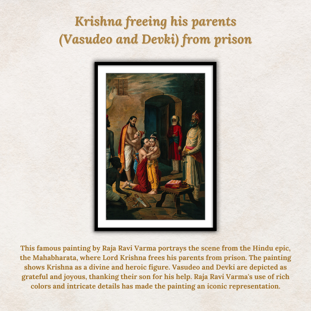 Krishna freeing his parents (Vasudeo and Devki) from prison by Raja Ravi Varma Wall Art Painting