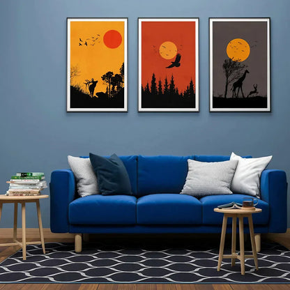 Boho Animal Set of 3 Safari Sun Set Wall Art