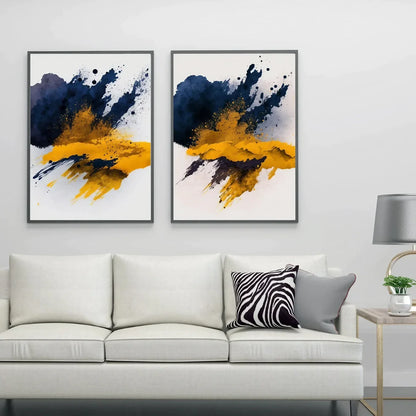 Indigo Blue, Mustard Yellow, Abstract Wall Art Set of 2 Wall Frames