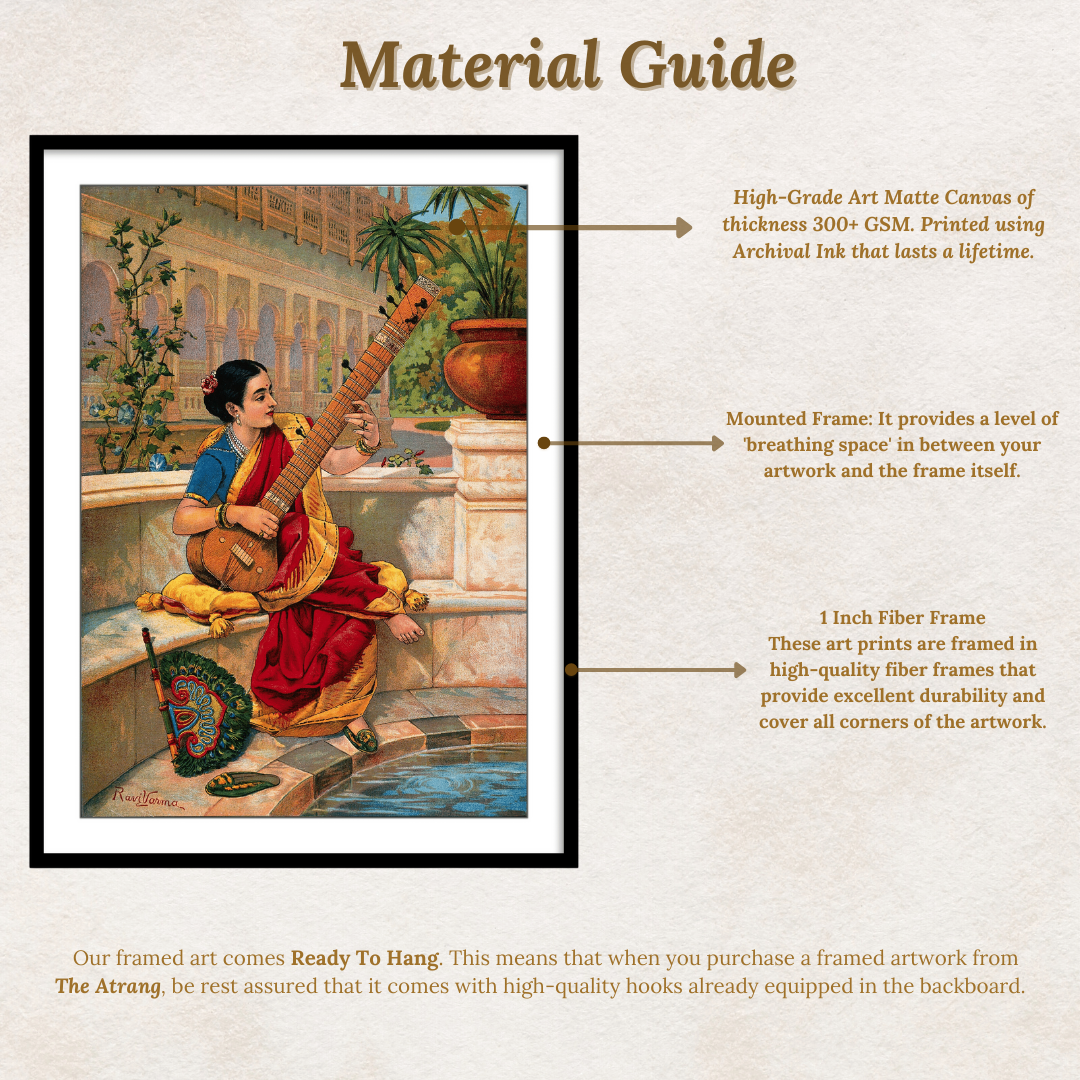 A seated Indian woman plays a sitar next to a garden pond (Kadambari) by Raja Ravi Varma Wall Art